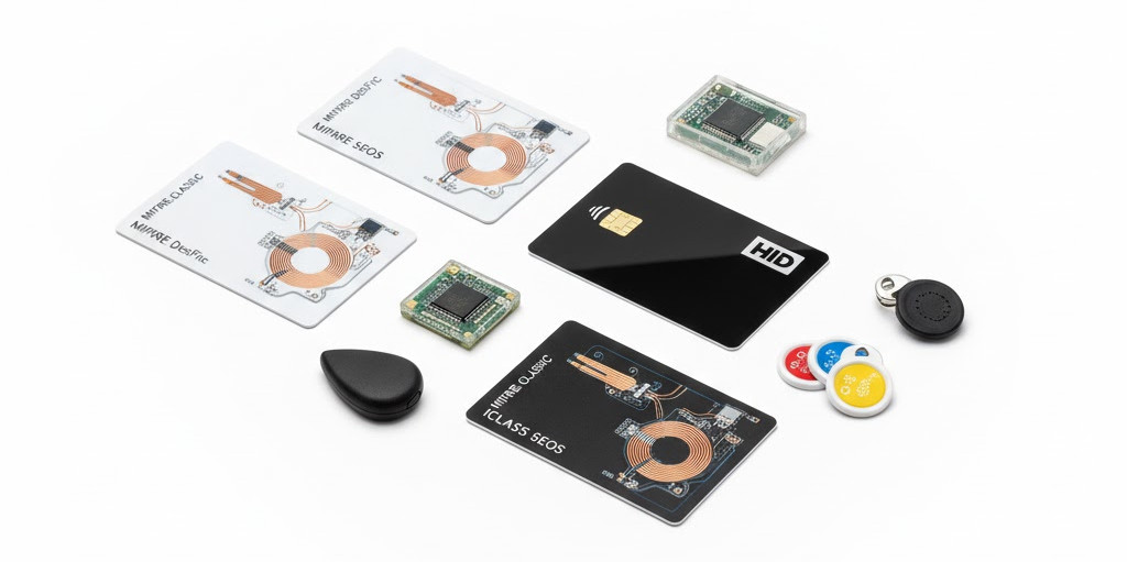 Различни видове RFID безконтактни карти, MIFARE чипове, HID карти и Proximity тагове, подредени на бял фон.